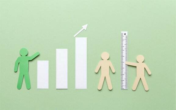 Paper cutouts show growth measurement and human progress against a