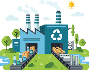 Naklejka premium Flat Vector Illustration of a Sustainable Recycling Factory Plant