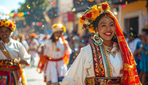 A smiling woman in traditional dress leads a vibrant street parade with colorful costumes and festive decorations.