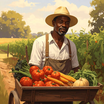 A smiling senior woman gardener wearing a hat stands outdoors in a nature garden holding a harvest basket filled with fresh vegetables and fruit