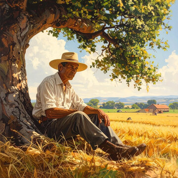 A smiling senior cowboy in a hat sits on a haystack in a green summer field on a rural farm landscape