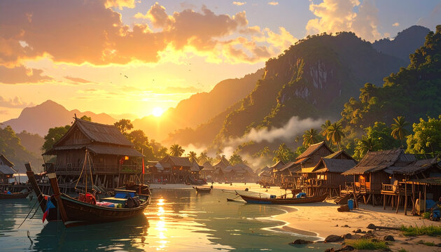 A serene nature landscape featuring a golden sunset over the lake and river with soft clouds reflecting in the summer water
