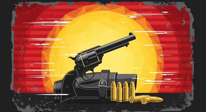Vintage Western Revolver Holster and Bullets Sunset Illustration