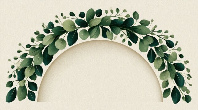 Green foliage arch on beige backdrop, delicate layered eucalyptus leaves arranged in semicircular wreath with soft drop shadows and papercut texture, minimalist botanical composition ideal for eco