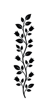 Black floral vine silhouette, elegant flower branch vector, decorative leaf stem illustration