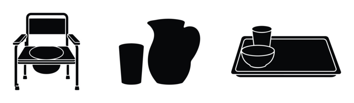 Medical healthcare equipment icons, commode chair and hospital food tray, black vector silhouettes