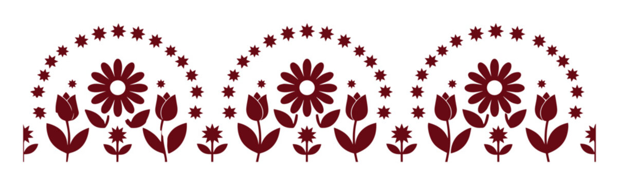 Folk art floral border vector, burgundy flower pattern, traditional ethnic lace ornament