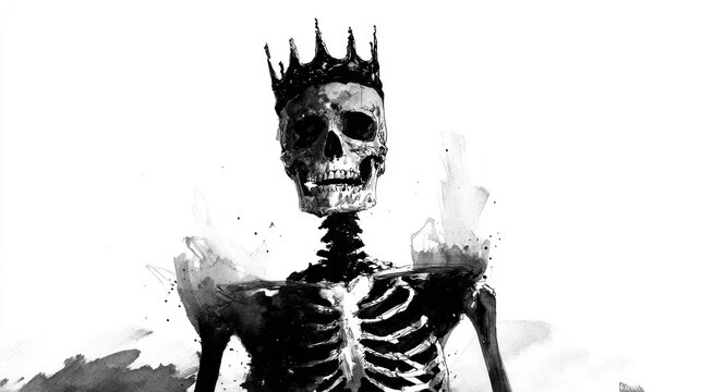 Skeleton king with crown against white background illustration