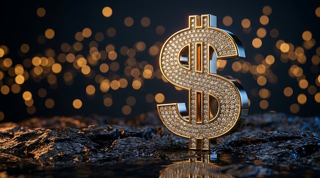 Simbol Dolar Bertabur Berlian Berkilau di Atas Batu Gelap dengan Latar Belakang Bokeh Emas yang Mewah