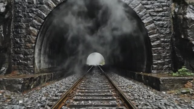 Train Entering Dark Tunnel with Smoke