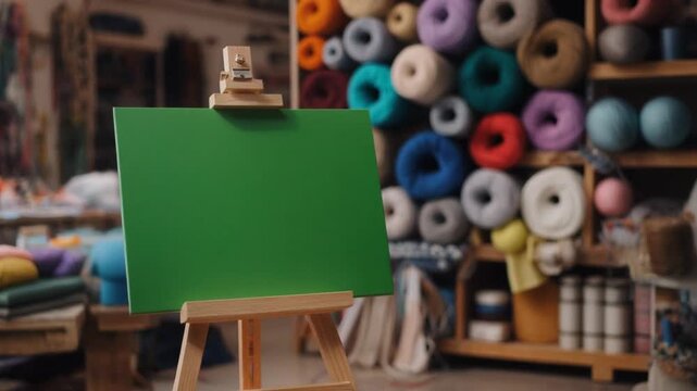 Green screen easel on wooden stand in colorful yarn shop interior.