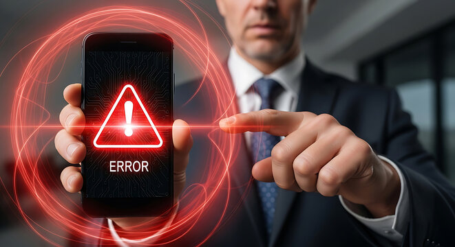 Man in suit holding smartphone displaying error alert with red digital glow