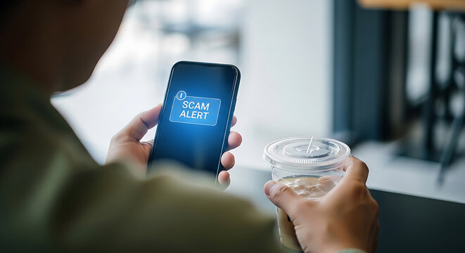 Person holding phone with scam alert notification and coffee cup mobile screen desig