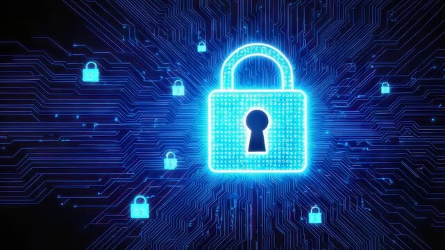 A bright blue glowing padlock in the center, surrounded by smaller padlocks and digital circuits