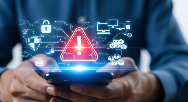 Person holding smartphone displaying digital security warning alert technology desig