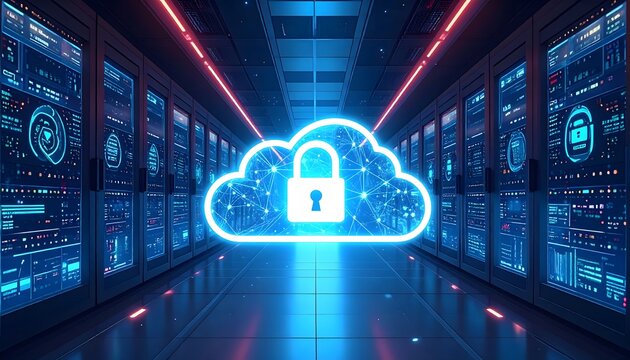 Glowing cloud icon with padlock inside dark server room. Concept of secure data storage, personal cybersecurity, and cloud computing technology.