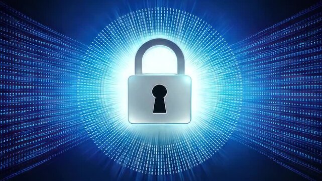 A glowing padlock symbolizes digital security within a blue binary code matrix