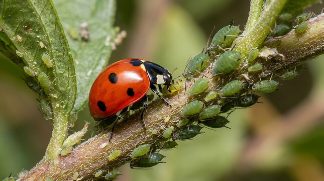 A vibrant red ladybug with black spots feasts on a cluster of small green aphids on a plant stem in a macro nature setting