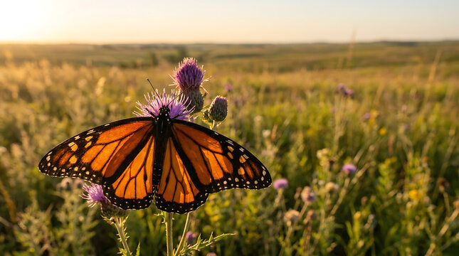 Monarch butterfly feeding on a purple thistle flower in a golden meadow at sunrise