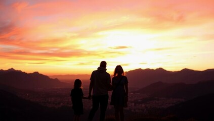 Fototapeta premium Happy Family Holding Hands Watching A Vibrant Sunset On A Mountain Top