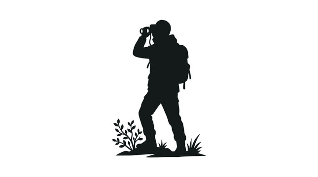 A dark silhouette of a curious explorer standing in nature while looking through a pair of binoculars during a bright sunny day in this travel photo