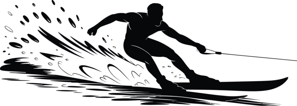 Waterskier silhouette with spray, dynamic water sports action and extreme recreation concept.