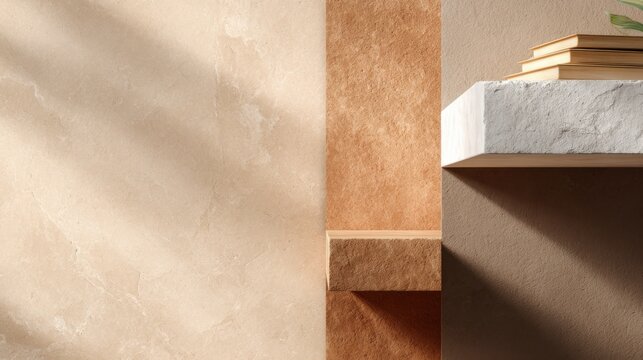 Sunshine illuminating stacked literature. Serene morning scene with layered surfaces and soft shadows. Elegant and calming decor depicting sunlit marble shelf with books and stone edge