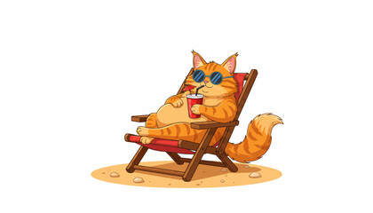 Obraz premium Funny cat in beach chair, summer vacation feline, cartoon orange cat, vector illustration