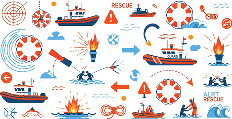 Marine Rescue and Emergency Illustration Set with Lifeboats, Life Rings, Distress Signals, Ship Accidents, and Ocean Safety Icons for Maritime Protection Design © Auwal