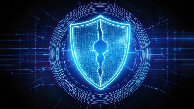 Glowing blue shield with a crack, surrounded by digital lines. Dark background
