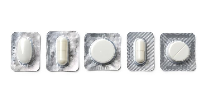 Five blister packs containing white pills and capsules on white background medicine