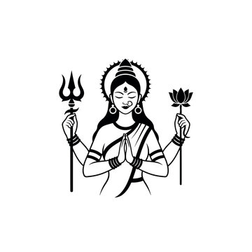 Illustration of Goddess Durga in prayer with trident and lotus.