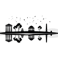 Silhouette of Ancient Greek Architecture and Monuments Reflected in Water. © Diki