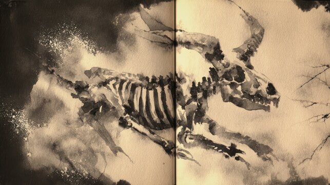 Artistic rendering of a skeletal animal with a dynamic pose in sepia tones