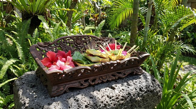 Exquisite hand carved wooden offering tray with vibrant tropical flowers and traditional palm leaf baskets resting on a volcanic stone pedestal in a lush Balinese style garden atmosphere.