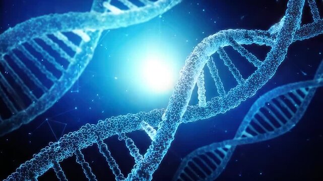 A glowing, blue DNA double helix structure with bright light and scientific background