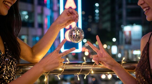 Two women celebrate under neon lights, holding a miniature disco ball over a railing draped in fairy lights. They flash peace signs, their shimmering outfits reflecting the glow.