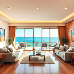 Fototapeta premium Cozy living room with sliding glass doors to ocean view, chairs, relaxing