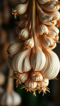 Close-up of dried garlic cloves hanging in a spiral shape, texture, food