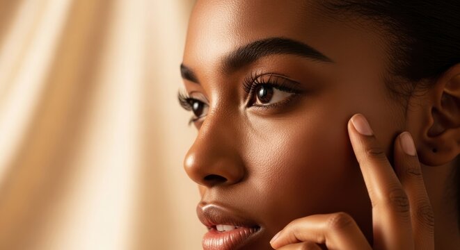 Close up portrait of a beautiful black woman with glowing skin and perfect eyebrows looking away