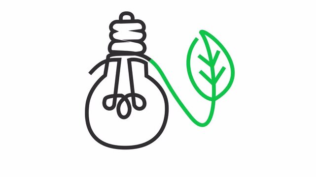 Green energy concept with a light bulb icon and green leaf line art cartoon animation. Clean technology concept with power saving and natural resource symbol for renewable energy sign.