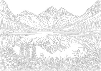 Fototapeta premium Mountain lake reflection with wildflowers during sunrise in linework vector silhouette style Isolated on white background