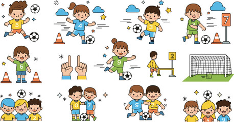 Fototapeta premium Kids Playing Soccer Illustration Set with Children Football Activities, Training Scenes, Teamwork, Outdoor Fun, and Sports Practice Concepts for Education and Recreation