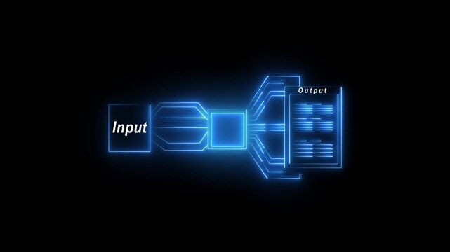 Depiction of Simple of input Workflow with Ai and made the output which are desired neon on black background.Automate daily Tasks Smart AI solutions improve repetitive work.4k animation. 4k video...