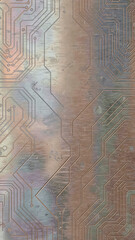 Obraz premium A highly detailed seamless diffuse map surface of brushed iridescent metal fused with subtle geometric engravings and faint circuit-like patterns in cool gunmetal and copper tones,