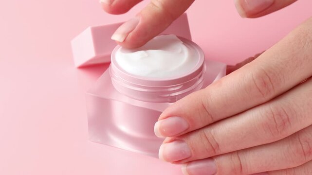Woman opening jar of cream on pink background, closeup
