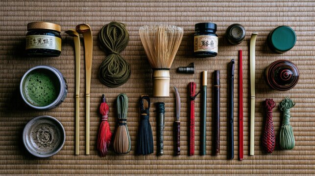 Matcha tea tools neatly arranged, evoking serene japanese tea ritual bamboo whisk, ceramic bowls, wooden scoops, tins of green powder, small lacquer figurines aligned on tatami mat, warm natural