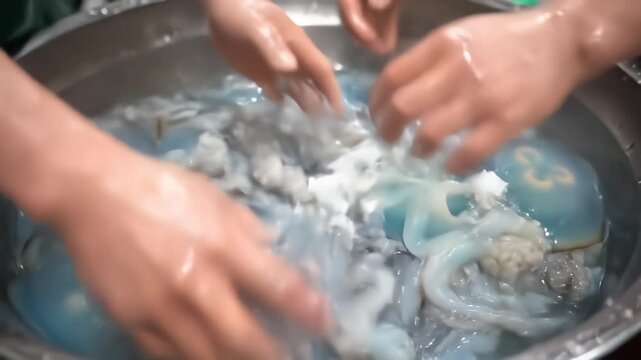 Workers prepare edible jellyfish by cutting the blue jellyfish bell and mixing it with salt and alum in a metal bowl to dehydrate and preserve the seafood delicacy.