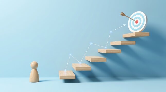 Strategic steps leading to goal achievement, symbolized by a peg figure climbing stairs towards a bullseye target, representing progress and success