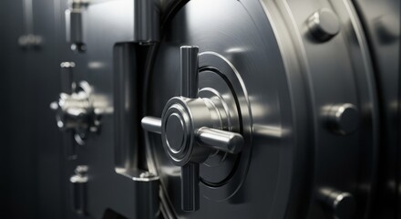Naklejka premium Close-up of a highly secure metallic vault door with a central locking mechanism.